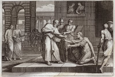 Royaumont Biblia, Újszövetség: Cornelius keresztel. Varjú a százados elfogadja Jézus Krisztus hitét, és Szent Péter megkeresztelkedik. Illusztráció 1811-ből. alkotó: Unknown artist