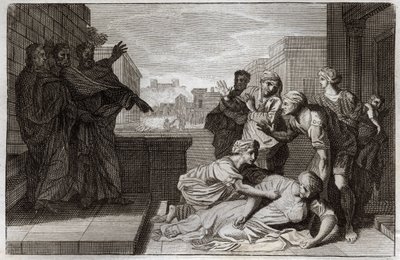 Royaumont Biblia, Újszövetség: Anania és felesége, Saphire halála Szent Péter és Szent János előtt. Illusztráció 1811-ből. alkotó: Unknown artist