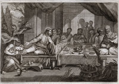 Royaumont Biblia, Újszövetség: Vacsora Simon farizeusnál. Mária Magdolna elment Jézus Krisztus lábaihoz sírni Simon farizeushoz, és elnyerte bűneinek bocsánatát. Kenőccsel megkeni Krisztus lábát, és megtörli a hajával. Il alkotó: Unknown artist