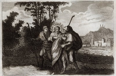 Royaumont Biblia, Újszövetség: Emmauszi tanítványok. A két emmausi tanítvány) találkozik a feltámadott Krisztussal. Illusztráció 1811-ből. alkotó: Unknown artist