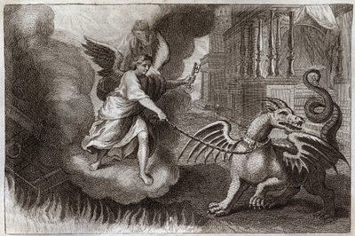 Royaumont Biblia, Újszövetség: Sárkányláncok. A Jelenések sárkányát, az ördög szimbólumát egy angyal láncolja, aki kezében van az ördög kulcsa. Illusztráció 1811-ből. alkotó: Unknown artist