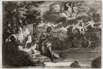 Royaumont Biblia, Újszövetség: Eunuch keresztel. Szent Fülöp diakónus hitet hirdet Etiópia királynőjének eunuchjának, és megkereszteli. Illusztráció 1811-ből. alkotó: Unknown artist