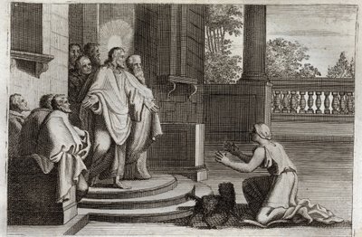 Royaumont Biblia, Újszövetség: Jézus Krisztus és Kánaán felesége (Kánán vagy az idegen nő). Egy paraszt az Úr segítségét kéri, hogy meggyógyítsa lányát. Krisztus így válaszolt neki: „Csak Izrael házának elveszett bárányaihoz küldtem.” Illusztráció innen alkotó: Unknown artist