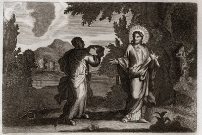Royaumont Biblia, Újszövetség: Jézus Krisztus a sivatagban. Jézust a sivatagba kergetik. Fiatal negyven nap és negyven éjszaka. Megkísérti a démon, aki felkéri, hogy változtassa a köveket kenyérré. Illusztráció 1811-ből. alkotó: Unknown artist