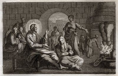 Royaumont Biblia, Újszövetség: Márta és Mária. Jézus Krisztus belép Márta házába, aki sietve fogadja őt, miközben nővére, Betániai Mária hallja szavát. Illusztráció 1811-ből. alkotó: Unknown artist