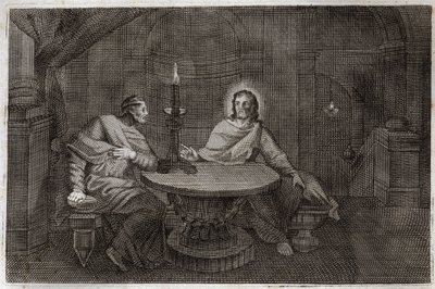 Royaumont Biblia, Újszövetség: Nikodéma éjszaka jön, hogy megkeresse Jézus Krisztust. Illusztráció 1811-ből. alkotó: Unknown artist