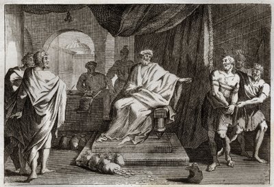 Royaumont Biblia, Újszövetség: Példabeszéd a tehetségekről. Egy úr megbünteti egyik szolgáját, aki elrejtette a pénzt, amit adott neki. Illusztráció 1811-ből. alkotó: Unknown artist