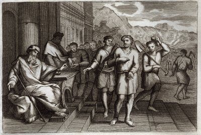 Royaumont Biblia, Újszövetség: Példabeszéd a szőlőmunkásokról vagy példázat a tizenegyedik óra munkásairól. Munkások, akiket a családapa küld a szőlőjébe dolgozni. Illusztráció 1811-ből. alkotó: Unknown artist