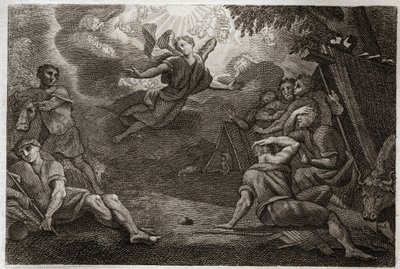 Royaumont Biblia, Újszövetség: Pásztorok a bölcsődében. Egy angyal hirdeti Jézus Krisztus születését a pásztoroknak (Angyali üdvözlet a pásztoroknak). Illusztráció 1811-ből. alkotó: Unknown artist