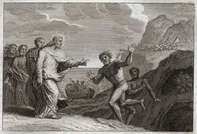 Royaumont Biblia, Újszövetség: Possede gueri. Jézus Krisztus meggyógyított egy possedét, akit a démon feldühített. Illusztráció 1811-ből. alkotó: Unknown artist
