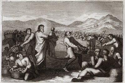 Royaumont Biblia, Újszövetség: A kenyerek szaporítása. Jézus Krisztus öt kenyeret szaporít, és ötezer embert táplál. Illusztráció 1811-ből. alkotó: Unknown artist
