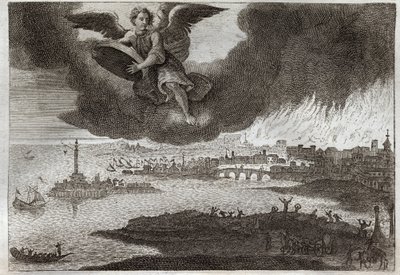 Royaumont Biblia, Újszövetség: Babilon romja. Babilon lángokban áll, egy angyal követ dob a tengerbe, jelképezve a város elpusztulását a Jelenések könyve alatt. Illusztráció 1811-ből. alkotó: Unknown artist
