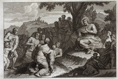 Royaumont Biblia, Újszövetség: Beszéd a hegyen. Jézus Krisztus tizenkét apotert választ tanítványai közül, és előttük és egy nagy nép előtt elmondja a beszédet, amelyet általában Hegyi beszédnek neveznek. Illusztráció 1811-ből. alkotó: Unknown artist