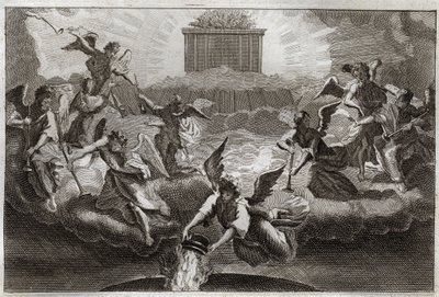 Royaumont Biblia, Újszövetség: Hét angyal megszólaltatja a Jelenések könyve trombitáját, miután a Bárány felnyitotta a könyv hetedik pecsétjét. Egy másik angyal fog egy tömjénezőt, megtölti az oltár tüzével, és a földre dobja. Illusztráció innen alkotó: Unknown artist