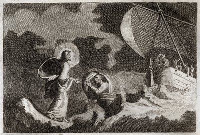Royaumont Biblia, Újszövetség: Szent Péter a vízen jár. Jézus Krisztus a tengeren jár, és arra készteti Szent Pétert. Illusztráció 1811-ből. alkotó: Unknown artist