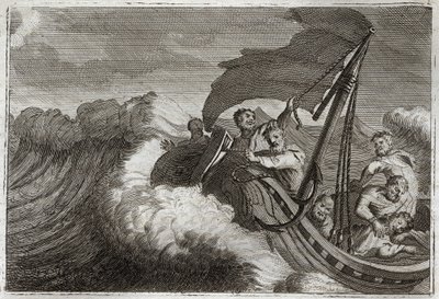 Royaumont Biblia, Újszövetség: Tempete megnyugodott. Az Apoters meglepi egy viharban felébresztett Jézus Krisztust, aki a hajójukban aludt, és a Galileai-tengert is lecsillapítja. Illusztráció 1811-ből. alkotó: Unknown artist