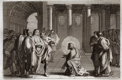 Royaumont Biblia, Újszövetség: A házasságtörő nő. Jézus Krisztus isteni módon kicsapja magát a csapdákból, amelyeket a zsidók vetettek rá, és azt kérdezi tőle, hogy mit tegyen egy nővel, akit házasságtörésen értek el, mondván: „Aki bűntelen, vesse ki a szá alkotó: Unknown artist