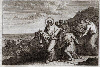 Royaumont Biblia, Újszövetség: A Lepreux és a Centenier. Egy lepra imádkozik Jézus Krisztushoz, hogy gyógyítsa meg leprájából, egy cententer pedig elküldi, hogy imádkozzon, hogy gyógyítsa meg beteg szolgáját. Illusztráció 1811-ből. alkotó: Unknown artist