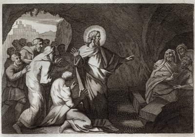 Royaumont Biblia, Újszövetség: Lázár feltámadása Jézus Krisztus által. Illusztráció 1811-ből. alkotó: Unknown artist