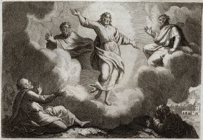 Royaumont Biblia, Újszövetség: Jézus Krisztus színeváltozása. Krisztus körülveszi Mózest és Illést Szent János apostollal, Péterrel és Jakabbal. Illusztráció 1811-ből. alkotó: Unknown artist