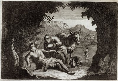 Royaumont Biblia, Újszövetség: Az irgalmas szamaritánus példázata. A szamaritánus megállt útközben, hogy megmentse a bajba jutott férfit. Illusztráció 1811-ből. alkotó: Unknown artist