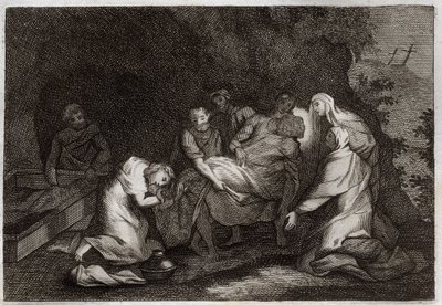 Royaumont Biblia, Újszövetség: Sír. Jézus Krisztus sírja. A Jézus Krisztus testét körülvevő szereplők közül: Szűz Mária, Szent Nikodéma, Arimátiai Szent József, Szent János evangélista és Szent Mária Magdolna. 18-as illusztráció alkotó: Unknown artist