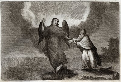 Royaumont Biblia, Újszövetség: Szent János látomása. Az angyal látomása nyitott könyvvel Szent Jánost adja, hogy felfalja őt. Illusztráció 1811-ből. alkotó: Unknown artist
