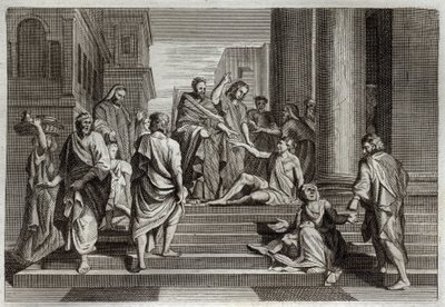 Royaumont Biblia, Újszövetség: A bénák háborúja. Szent Péter, Szent János kíséretében, csodával határos módon harcolt egy sánta emberrel Jeruzsálemben. Illusztráció 1811-ből. alkotó: Unknown artist