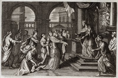 Royaumont Biblia, Ószövetség: Eszter bemutatkozik I. Xerxész (I. Assvérus) király előtt, azzal a szándékkal, hogy megmentse népét az őt fenyegető haláltól. Illusztráció 1811-ből. alkotó: Unknown artist