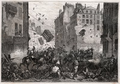 Rue Saint-Antoine a Trois-Glorieuses idején (1830. július) – Az 1830-as forradalom Barikád harcok a Rue Saint-Antoine-on (Saint Antoine) 1830-ban alkotó: Unknown artist