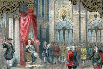 Oroszország modernizációs politikája: II. Orosz Katalin (1729-1796) kihirdeti az Orosz Birodalom újjászervezését. 1785-ben sokkal több hatalmat és jogot biztosított a Birodalom nemeseinek. század késői kromolitográfiája. alkotó: Unknown artist