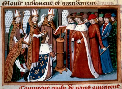 VII. Károly szent király (1422-1461), a Reims-i Archívum 1429. július 17-én. Miniatúra a Martial d