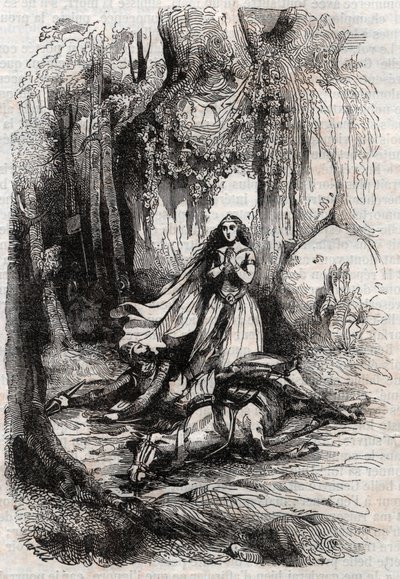 Sacripant (Sacripante) desarconne Angelica (Angelica) jelenlétében - Ludovico Ariosto 1851-es metszete „Roland furieux” (Orlando furioso) (16. század), Ariosta néven ismert - Tressan grófja olasz nyelvről fordította. és p alkotó: Unknown artist
