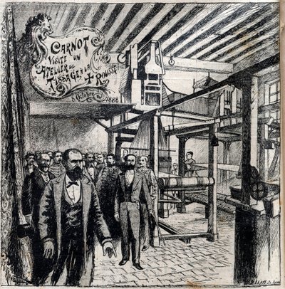 Sadi Carnot (1837-1894) meglátogat egy műhelyt Canutban, október 8-án alkotó: Unknown artist