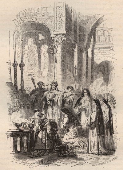 A luxemburgi Saint Cunegonde (kb. 975-1033/1039) vitorlázása 1024-ben, Paderborn Meinwerk (kb. 975-1036) előestéje a németországi kaufungeni bencés apátságban. Metszet 1868-ból a „Histoire de Belgique from primitive times to the alkotó: Unknown artist