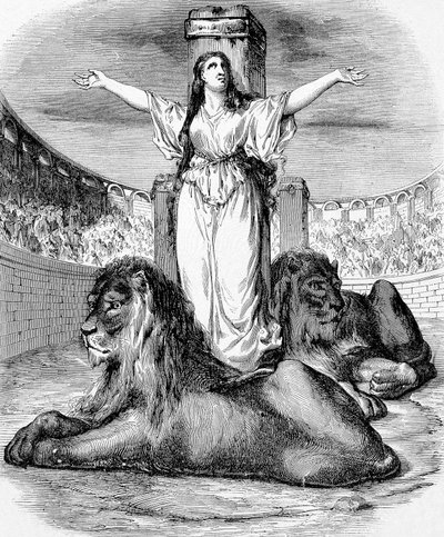 Saint Blandine, fiatal keresztény rabszolga, 177-ben Lyonban oroszlángyűrűben halt mártírhalált, metszet alkotó: Unknown artist