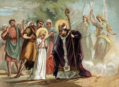 Saint Germain érmet adományozott Sainte Genevieve-nek (422-502), Párizs védőszentjének. kromolitográfia 1890 körül. alkotó: Unknown artist