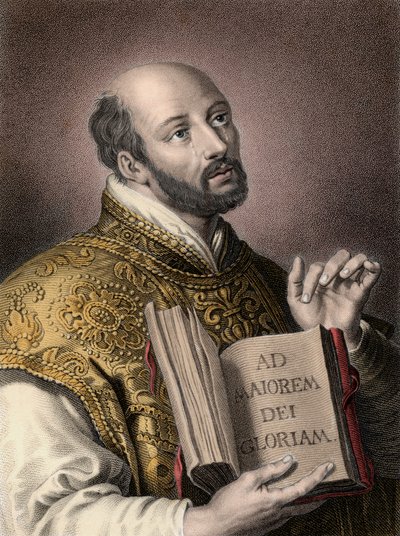 Loyolai Szent Ignác (1491-1556), spanyol teológus, kezében egy könyv, amelynek latin mottója a Jézus Társasága „” Ad maiorem Dei gloriam”” (Isten nagyobb dicsőségére) – Loyolai Ignác portréja (Sant) Ignác vagy Szent Ignác alkotó: Unknown artist