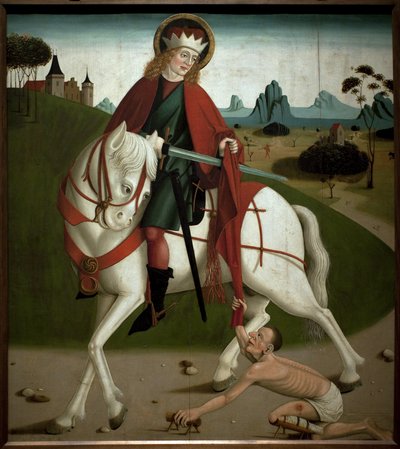 Szent Márton és a koldus. Levágta a kabátját, hogy odaadja egy koldusnak. névtelen festmény, 1490 körül. Magyar Nemzeti Galéria, Budapest, Hungary. alkotó: Unknown artist