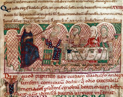 Szent Maur (512-584) az anjoui Flanfeuil (Szent Maur) kolostor alapítóját Ravennai Gaidulfe, a szerzetesek üldözője asztalánál fogadja, és megbünteti Miniatűr Szent Maur életéből és csodáiból” (ms 2273) 1100-1140 Városi Könyvtár alkotó: Unknown artist