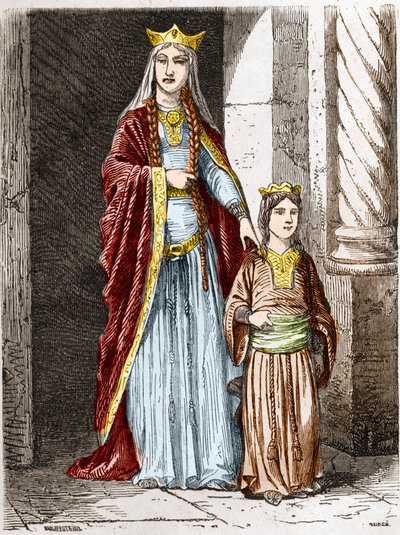 Szent Bathilde (vagy Batilde, Bathylle, Beaudour) (626-680), a frankok királynője Clotaire-rel. Metszet a „History Of France En Cent Paintings by Paul Lehugeur” 1891-ben alkotó: Unknown artist