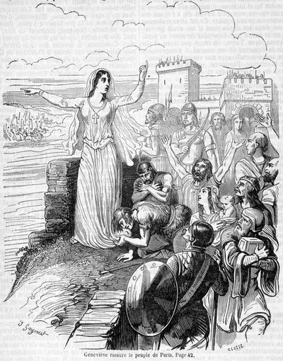 Sainte Geneviève megszervezi Párizs védelmét Attila hordái ellen, és megnyugtatja Párizs lakosságát - Anquetil „Histoire de France” című művében alkotó: Unknown artist
