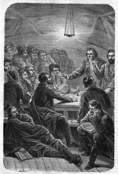 Carbonari eladása (Reunion). (Charbonnerie vagy Carboneria, 19. század eleje).1864-es metszet. alkotó: Unknown artist