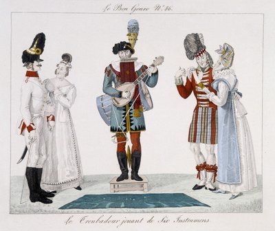 Saltimbanks: A trubadúr hat hangszeren – „” Le bon műfajban””, deb. 19. század alkotó: Unknown artist