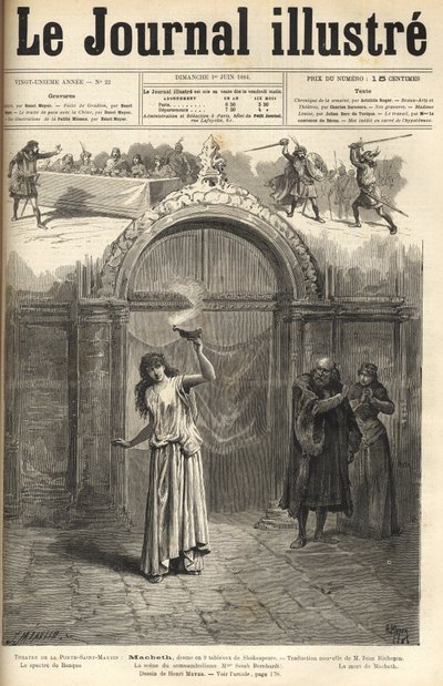 Sarah Bernhardt: Lady Macbeth a „Macbethben”, Shakespeare drámája, Jean Richepin adaptációja – Theater de la porte Saint-Martin – metszet az 1884-es „Le journal illustrious”-ban alkotó: Unknown artist