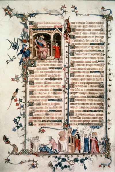 Saul megfenyegeti Dávidot, Káin megöli Ábelt, Az Eucharisztia és a Szeretet allegóriái. Belleville-i breviárium. 1323-1326. Ms. Lat. 10483 fol.24v. - Jean Maid. Belleville Breviárium alkotó: Unknown artist