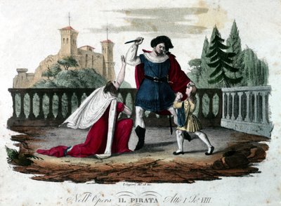 Vincenzo Bellini „” Il pirata” (A kalóz) V. felvonásának 8. jelenete. Coloree metszet 1827-ből. Első előadás a teatro alla Scalában. alkotó: Unknown artist