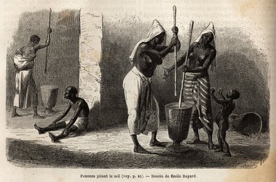 A mindennapi élet színtere: kölest dübörgő nők Sekouban (Niger), gyerekekkel körülvéve. Metszet M. Mage hadnagy nyugat-szudáni utazásának illusztrálására, 1863-1866 között, megjelent a „Le tour du monde, nouveau journal des voyages” címmel. alkotó: Unknown artist