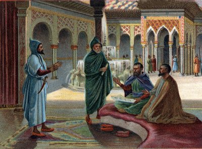 Eltűnt királyságok jelenetei: Mór Tanács (Mór, Spanyolország egy részét elfoglaló araboknak adták a nevet) a granadai Alhambra palotában. Granada az utolsó mór állam, 1482-ben fejezték be. A 19. századi kromolitográfiája. alkotó: Unknown artist