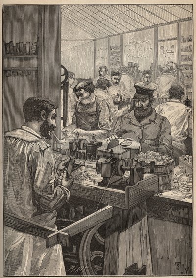 Tengeri flitter: tengeri flitter csövek gyártása. Metszet 1885-ből Adolphe BITARD „Les arts et metiers illustres” című könyvében. alkotó: Unknown artist